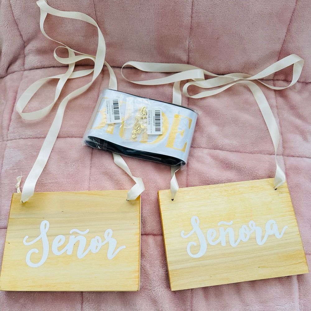 Bridal sash and signs for back of chair .